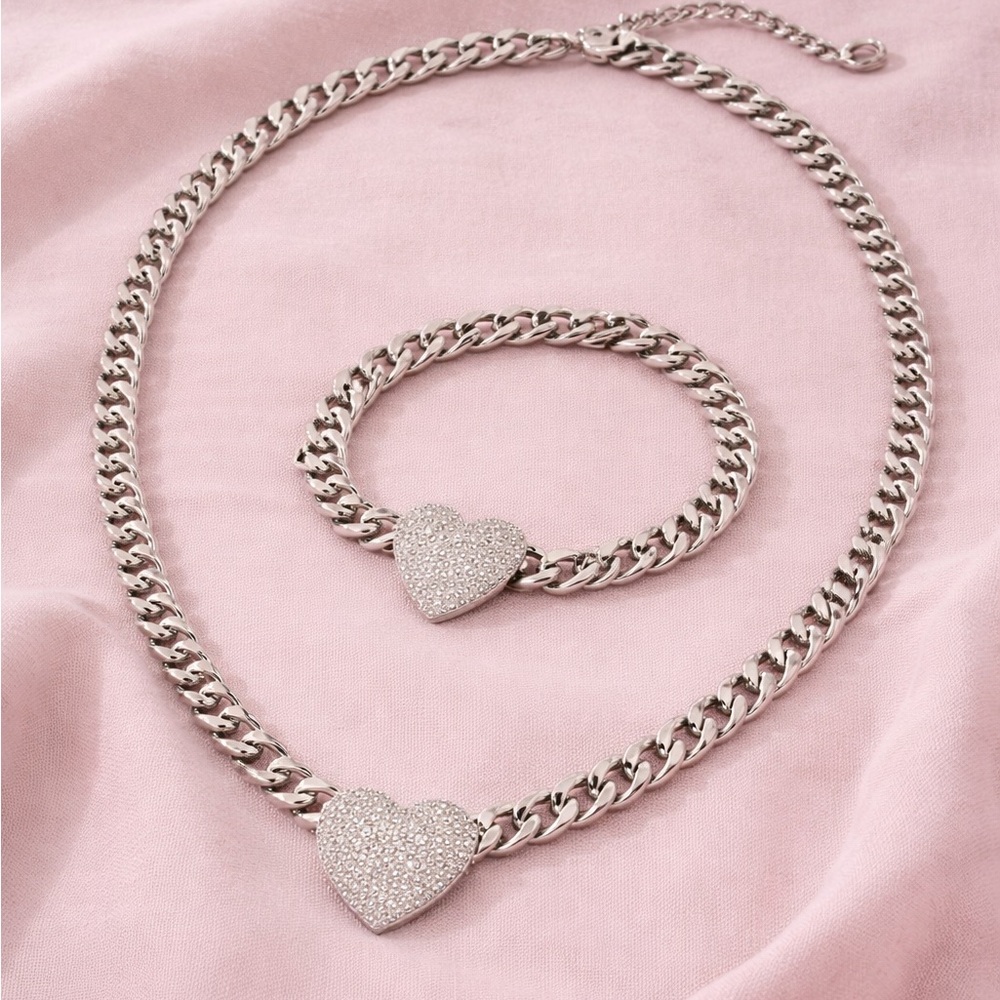 Heart Pavé Chain Necklace & Bracelet Set | 18” + 2” Extender, 7.5”